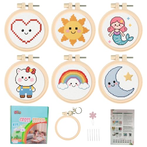 57lilina Cross Stitch Kits for Kids, 6 Set Easy Beginner Embroidery Pattern - color: Heart+ Sun+ Mermaid+ Cat+ Rainbow+ Moon