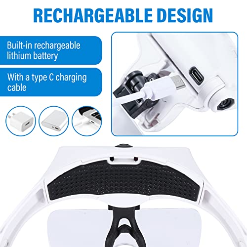 YOCTOSUN Magnifying Glass with 4 LED Lights,5 Lenses,Headband,Storage Case - color: White With Storage Case