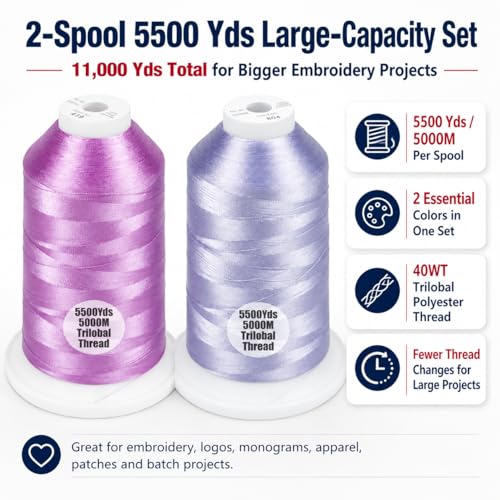 Simthread 2Pk 5500Y 40WT Polyester Embroidery Thread Lilac612 Lavender804 - color: Floral Duo(Lilac+Lavender)