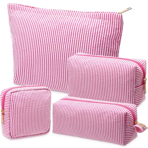 Sanwuta 4 Pcs Seersucker Pouch Striped Makeup Bag Set, Pink - color: Pink