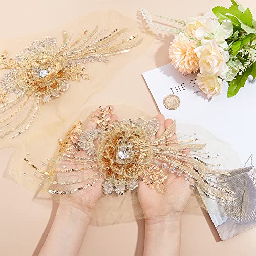 NBEADS 2 Pcs 3D Flower Lace Embroidery, Floral Embroidered Lace Patches with Sequin Nail Bead Tulle Applique Sew on Patches for Clothing Wedding Dress Lace Fabric DIY Decoration, Gold - color: Gold Flowers with Sequin-2 Pcs