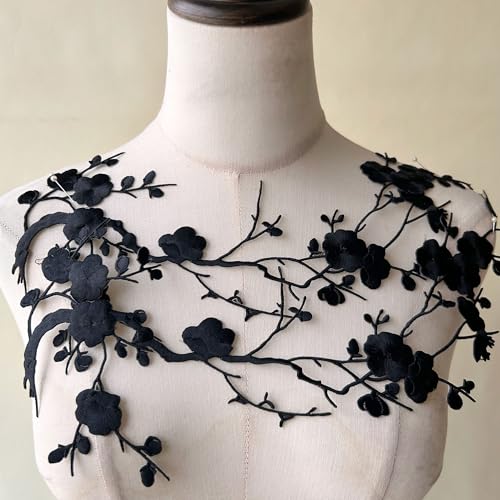 2pcs Iron on Plum Flower Applique Black Color Embroidery Vine of Floral for Clothing,Costumes - color: Black