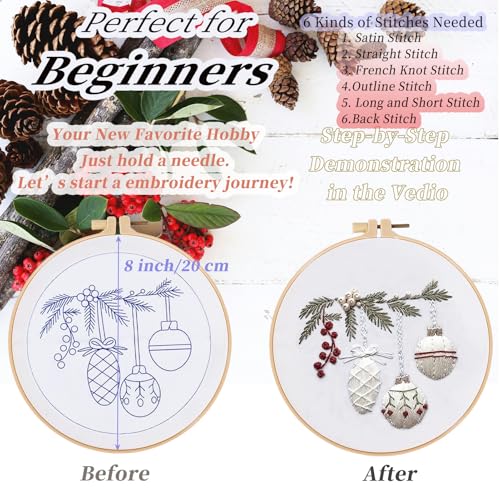 FONNUY Crewel Christmas Embroidery Kit for Beginners, Cross Stitch Set Winter Snow Scene Pine Owl Pattern for Adults, Easy to Follow Color Thread Needlework, 8'' Hoop (Holly Bauble) - style: Holly Bauble