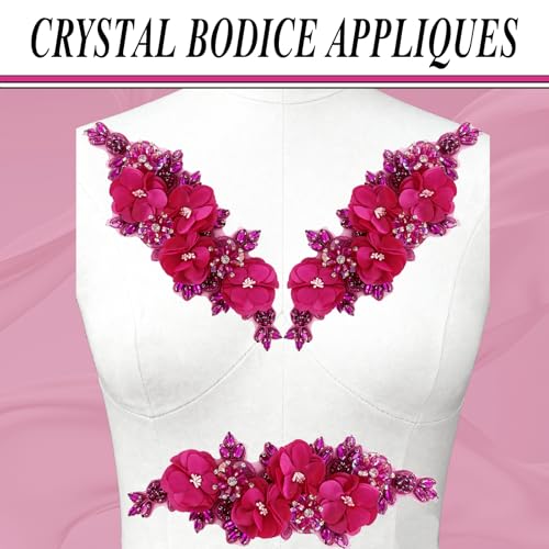 Handmade 3D Flower Embroidery Applique Rhinestone Lace Patches, Rose Red - color: Rose Red
