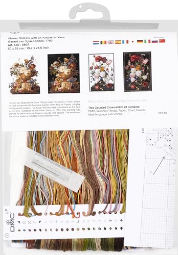 Thea Gouverneur - Counted Cross Stitch Kit - Flower Still-Life with an Alabaster Vase - Aida Black - 18 Count - for Adults - DMC Embroidery Threads and Other Cross Stitch Supplies Included - 580.05 - color: 580.05 Aida Black