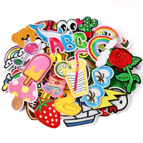 AUGSUN 36pcs Cartoon Embroidered Patches Random Assorted Styles Cute Theme Iron on Patches DIY Sew Applique Repair Patch Cute Preppy Sew on Patches for Backpacks Pants Clothes Jeans - style: Cartoon