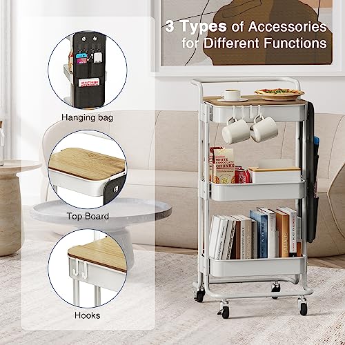 DTK 3-Tier Rolling Cart with Table Top, Metal Utility Cart with Side Bags - color: White, size: Large