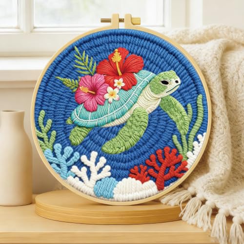 BEUNITONE 2PCS Punch Needle Kits with Sea Turtle Pre-Print Pattern Easy for Beginners, DIY Craft Embroidery Needlepoint Kits for Adults with Hoop Punch Needle Set for Craft Lovers Home Decor 7.9x7.9 - color: 09-Sea turtle