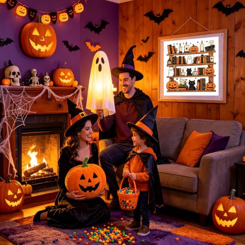 KYOQFVN Bookshelf Stamped Cross Stitch Kits for Adults Beginners - Halloween Counted Cross Stitch Kits - Halloween Embroidery Kits for Beginners Adults Arts Craft 14x14 inch - color: SZXWSJ-01