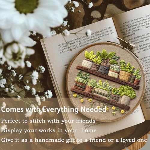 FONNUY Green Plant Embroidery Kit, Petite Potted Plants Patterns, Cross Stitch Kits for Adults and Beginners, Handmade Crafts with Printed Pattern Set, Thread Needlework, 8'' Hoop (Green A01) - color: Green A01