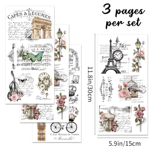 Vintage Floral Rub on Transfer for Crafts 3 Sheets Tower for Furniture Vintage Clock Letter Butterflies Letter Decal Stickers for Wood DIY Crafts Home Office Decor 11.8 x 5.9'' - style: Style 3- Retro French