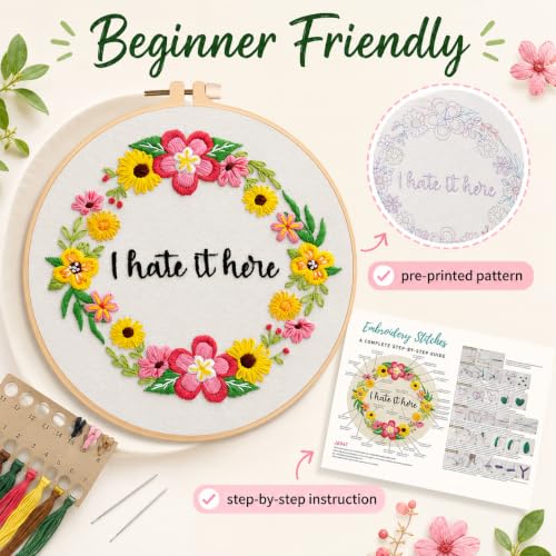 Nuberlic Floral Embroidery Kit for Beginners,Funny Embroidery Practice Kit - color: flower11