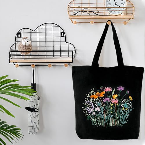Canvas Tote Bag Embroidery Kit with Pattern, Beginner Embroidery Kits for Adults, Arts and DIY Crafts Embroidery Starter kit, Include Stamped Embroidery Bag, Embroidery Hoops, Color Threads and Tool. - color: Black With Floral
