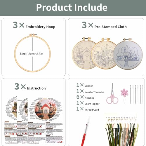 3 Packs Embroidery Kit for Adults, Embroidery for Beginners (Cottage) - color: Cottage