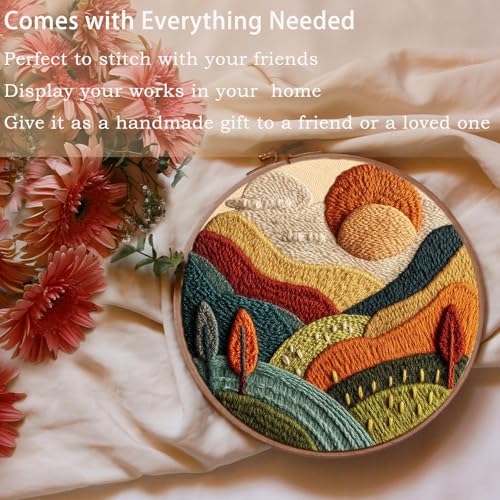FONNUY Embroidery Kit for Beginners, Textured Vibrant Nature Landscape Pre-Stamped Pattern Kits for Adults with Hoop, Easy to Follow Color Thread Needlework, 8'' Hoop (Green 2) - color: Green 2