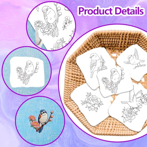ORIGACH 4 Sheets A4 Large Water Soluble Embroidery Patterns with Flowers and Birds, Stick and Stitch Embroidery Papers with Natural Designs, Wash Away Printable for Hand Sewing Lovers - color: Flowers & Birds