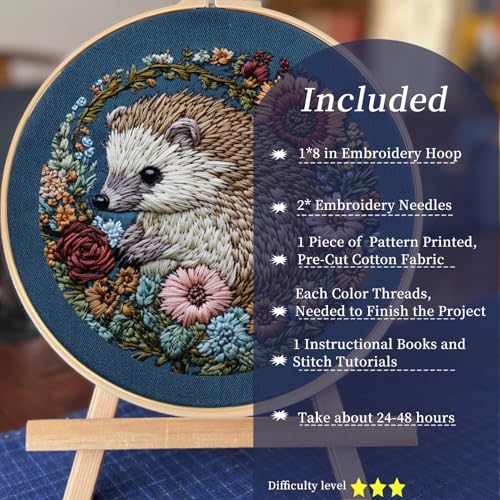 FONNUY Embroidery Kit for Beginners, Cute Hedgehog Stamped Embroidery Patterns Kits for Adults with Hoop, Easy to Follow Sewing Thread Needlework, 8'' Hoop (Resilient) - color: Resilient