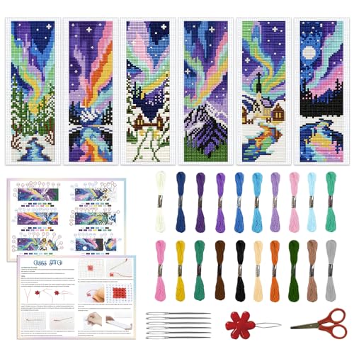 ACRNIGHEET 6PCS Cross Stitch Bookmark Kits for Beginners Colorful Aurora - style: Landscape Patterns 6