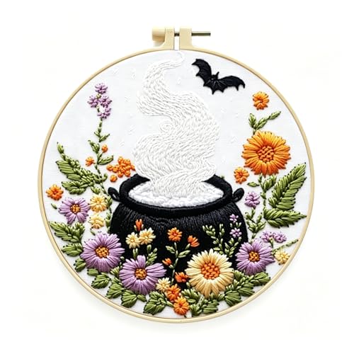 Zhenqing Halloween Cauldron Embroidery Kit for Beginners, Magic Pot Witch Decor Needlework Kit with Pre-Printed Cotton Fabric, Hoop, Threads & Tools, Spooky DIY Wall Art (C0120) - style: Halloween Cauldron