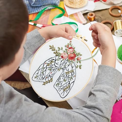 5 Sets Skull Embroidery Kits for Beginners Adults, Anatomy Embroidery Starter Kit for Doctors Nurses Christmas Gifts with Floral Stamped Pattern DIY Needlepoint Kit Cross Stitch Set Includes 2 Hoops - size: organ