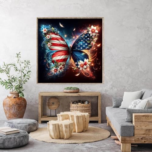 niurenmaoyi Stamped Cross Stitch Kits for Beginners,Counted Embroidery Craft Kits for Adults,Needlepoint Kits for Adults,American Flag Butterfly Wall Art 13.8X13.8In - color: Cross Stitch Kits0421-04