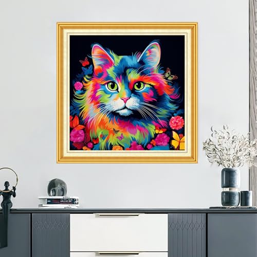 DMCVIVR Stamped Cross Stitch Kits for Beginners Adults Needlepoint Kits for Beginners Embroidery Kits for Adults Crossstitch Kit for Beginners 11CT-Colorful Cat 18x18 inch, ArtKits09 - color: ArtKits09