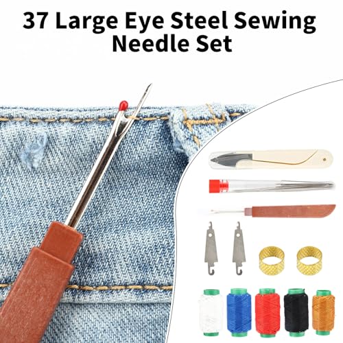 Sinbana 37pcs Big Eye Steel Needle Set, Portable Hand Sewing Needles with Small Scissors 5 Thread 2 Needle Threader 2 Thimble & Thread Ripper Tools for Beginners & Craft Lovers