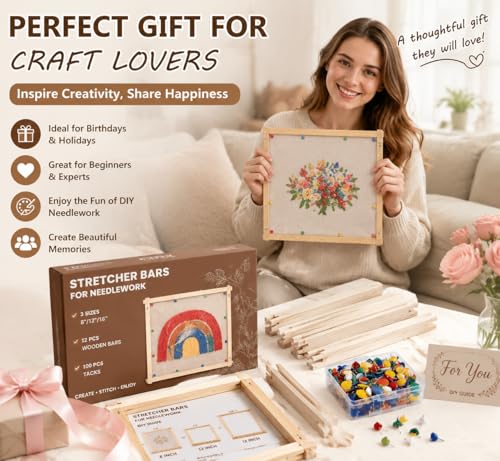 Needlepoint Stretcher Bars for Needlework, 12-Piece Wooden Canvas Frame Set with 100 Tacks, 8, 12 & 16 Inch, Tool-Free Square or Rectangle Frames for Cross Stitch, Embroidery & Quilting