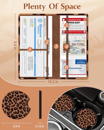 Slohif Car Registration and Insurance Holder with 2 Car Coasters, Elegant - color: Brown Leopard