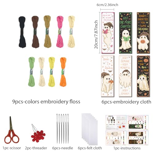 FREEBLOSS 6pcs Cross Stitch Bookmark Kit for Adult Beginners Ghost Pattern Stamped Embroidery Bookmark Kits Bookmarks Craft Kit with Instructions 11CT 8''x2.4'' - style: Ghost Text