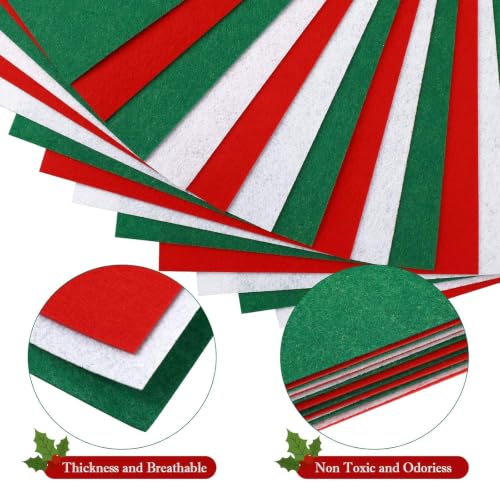 Outus 15 Pcs Christmas Colored Felt Sheets 11.8" x 8.2" Soft Felt Fabric Sheets for Craft Red Green White Felt Fabric for Holiday DIY Crafts Sewing Art Christmas Decoration,1 mm Thick