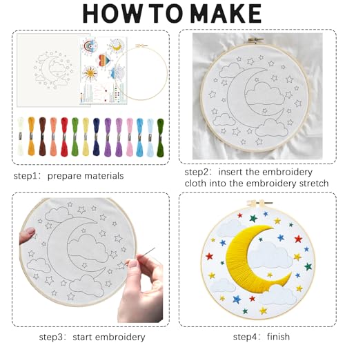 INFUNLY 5 Sets Rainbow Sun Embroidery Kits for Beginners DIY Cross Stitch Starter Sets with Instructions Heart Moon Pattern Needlepoint Kits with Embroidery Cloth Colored Threads Hoops Tools - style: Weather themes
