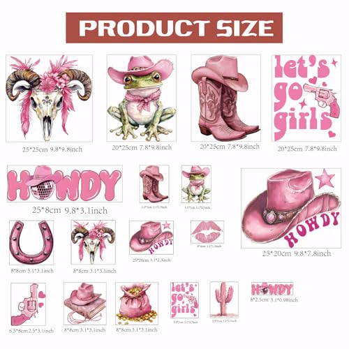 SUPERDANT 18Pcs Pink Cowgirl Iron on Transfer Paper Howdy Frog Cowgirl Boot Horseshoe Heat Transfer Sticker Washable Iron on Decals for T Shirts DTF Transfers Ready to Press for Clothing DIY Gift - style: Cowgirl Theme