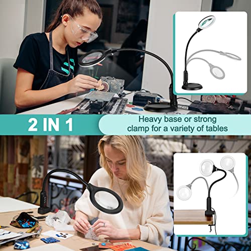 12X Magnifying Glass with Light and Clamp, 5 Color Modes Stepless Dimmable Lighted Magnifier with Stand, Flexible Gooseneck LED Desk Lamp Hands Free for Craft Reading Painting Hobby Close Work - color: Black, size: 12X