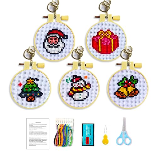 Zhenqing 5 Christmas Ornament Cross Stitch Kit - Pre-Printed 11CT 11.5x57.5cm Fabric with Full Tools (Santa, Tree, Snowman Designs for Beginners)(70023)