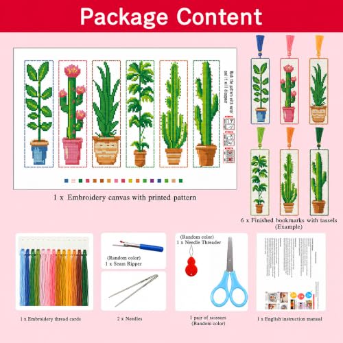 Zhenqing Cactus Stamped Cross Stitch Bookmark Kit, 6 Botanical Plant Designs on 11CT Fabric for Beginners, Book Lover Gift - color: Cactus Botanical Bookmark