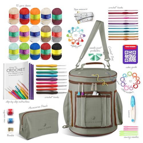 Crochet Kit for Beginners Adults and Kids - Beginner Crochet Kit for Adults with Step-by-Step Video Tutorials, Amigurumi and Crocheting Kit, Crochet Starter Kit with Soft Crochet Yarn and Crochet Bag - color: Sage Green, style: Crochet Kit + Bag