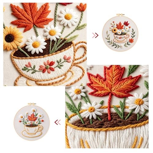 MAKHOT Folwer Embroidery Kits for Beginners with Cross Stitch Kits, Embroidery Hoop, Tools,Colorful Threads,Step by Step Instructions,Adults Starter Cross Stitch Kit DIY Needlepoint(2PCS Cup Flower) - color: 2PCS Cup Flower