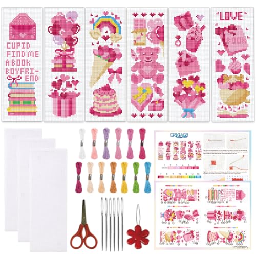 ORIGACH 6 Set Valentine's Day Pink Elements Cross Stitch Bookmark Kit - style: Pink Elements