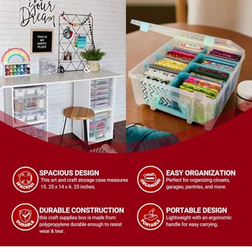 ArtBin 6990SA Super Satchel Double Deep with Removable Dividers, Large Portable Art & Craft Storage with Handle, Translucent/Aqua Mist