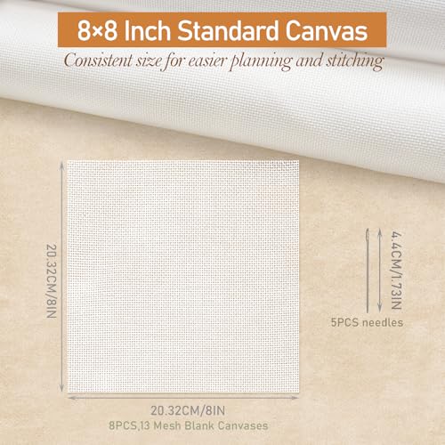 Kaitiaki 13 Mesh Needlepoint Canvas 8 x 8 Inch, 8 Pack 100% Cotton 13CT Blank White Sheets with 5 Needles, Boxed No-Fold Refill Pack for DIY Needlepoint Embroidery Crafts - color: White 13mesh-8x8 in