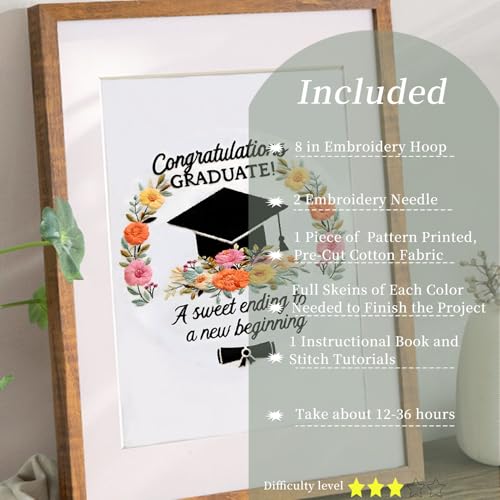 FONNUY Graduation Embroidery Kit, Floral Grad Cap Design Cross Stitch Kits for Beginners, Handmade Crafts with Printed Patterns for Beginner Adults, Color Thread Needlework, 8'' Hoop (Flower) - color: Flower