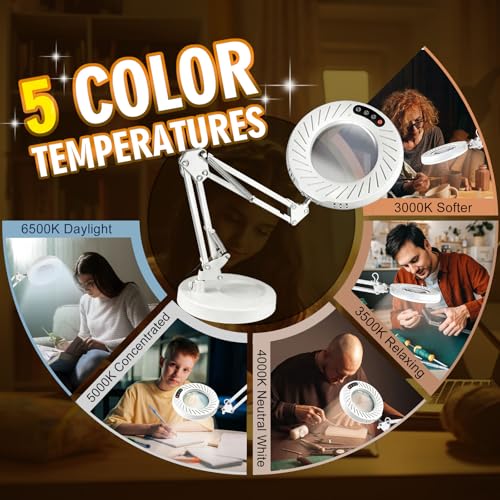 Toolastra 12X Magnifying Glass with Light and Stand, 144 LEDs Brightest Desktop Magnifying Lamp, 10 Dimmable Brightness 5 Color Modes, Hands Free Metal Desk Lamp for Craft Reading Painting (White) - color: White