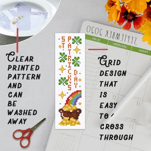 BEUNITONE 6 Pcs Bookmarks Cross Stitch Kits for Adults Beginner St. Patrick's Day Themed Stitch Bookmark Cross Stitch Kits for Beginners Good Luck Embroidery Kits Bookmark Kit for Book Lover 8''x2.4'' - style: St. Patrick's