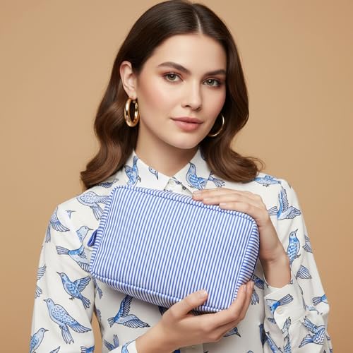 Sanwuta 3 Pcs Seersucker Makeup Bags, Pink, Blue, Green - color: Pink, Blue, Green