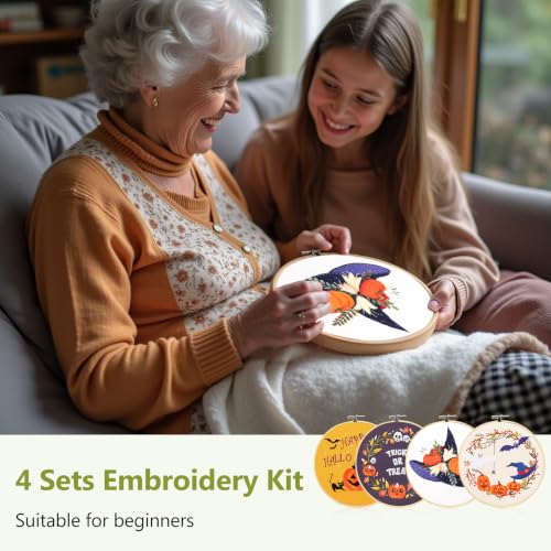 Santune 4-Pack Halloween Embroidery Kit Cross Stitch Kits for Beginners DIY Needlepoint Kit with 4 Embroidery Clothes Featuring Pumpkin Patterns,2 Hoops,Color Threads,Needles - color: Halloween Pumpkin