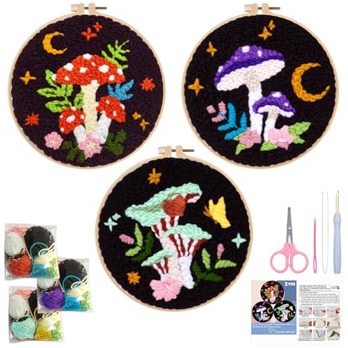 Nuberlic 3 Pack Punch Needle Kits for Beginners Mushroom Embroidery Pattern with Hoop Embroidery Punch Needle Starter Craft Set, Perfect Handmade Gift for Adults & Teens (Beginner-Friendly Crafts)
