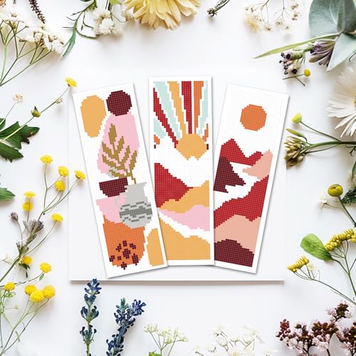 ACRNIGHEET 6PCS Cross Stitch Bookmark Kit for Beginner Boho Abstract Landscape Stamped Cross Stitch Kits for Adults Crossstitch Kits Adult Bookmarks with Instructions Hand Embroidery Craft Gift 11CT - style: Boho abstract patterns
