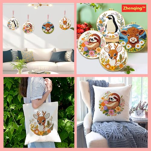 Zhenqing 4-Piece Animal Cross Stitch Kit for Beginners - Complete Set with Pre-Printed 11CT 24x24cm Fabric, Hoop & Tools (Penguin, Sloth, Cow, Deer Designs)(70405) - color: 70405