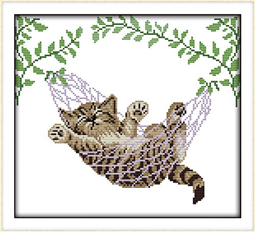 Cross Stitch Kits, A Cat on a Basket Animals Awesocrafts Easy Patterns Cross Stitching Embroidery Kit Supplies Christmas Gifts, Stamped or Counted (Cat, Counted) - size: Counted